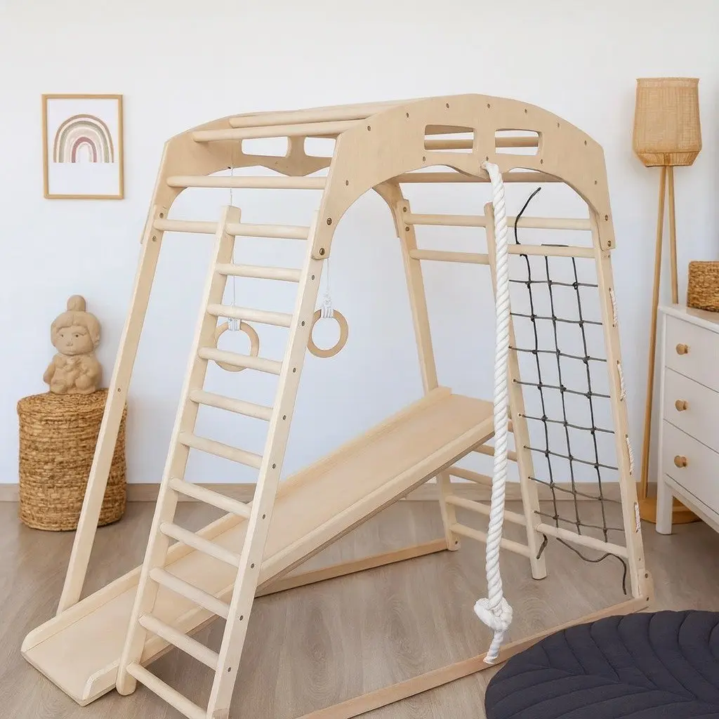 Indoor Kletterstation für Kinder aus Holz mit Rutsche & Ringen – Leni