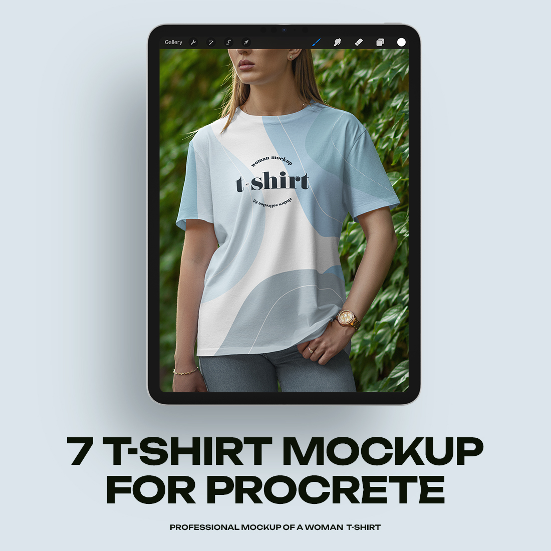 7 Mockups T-Shirt on a Girl Walking in the Green Street for Procreate