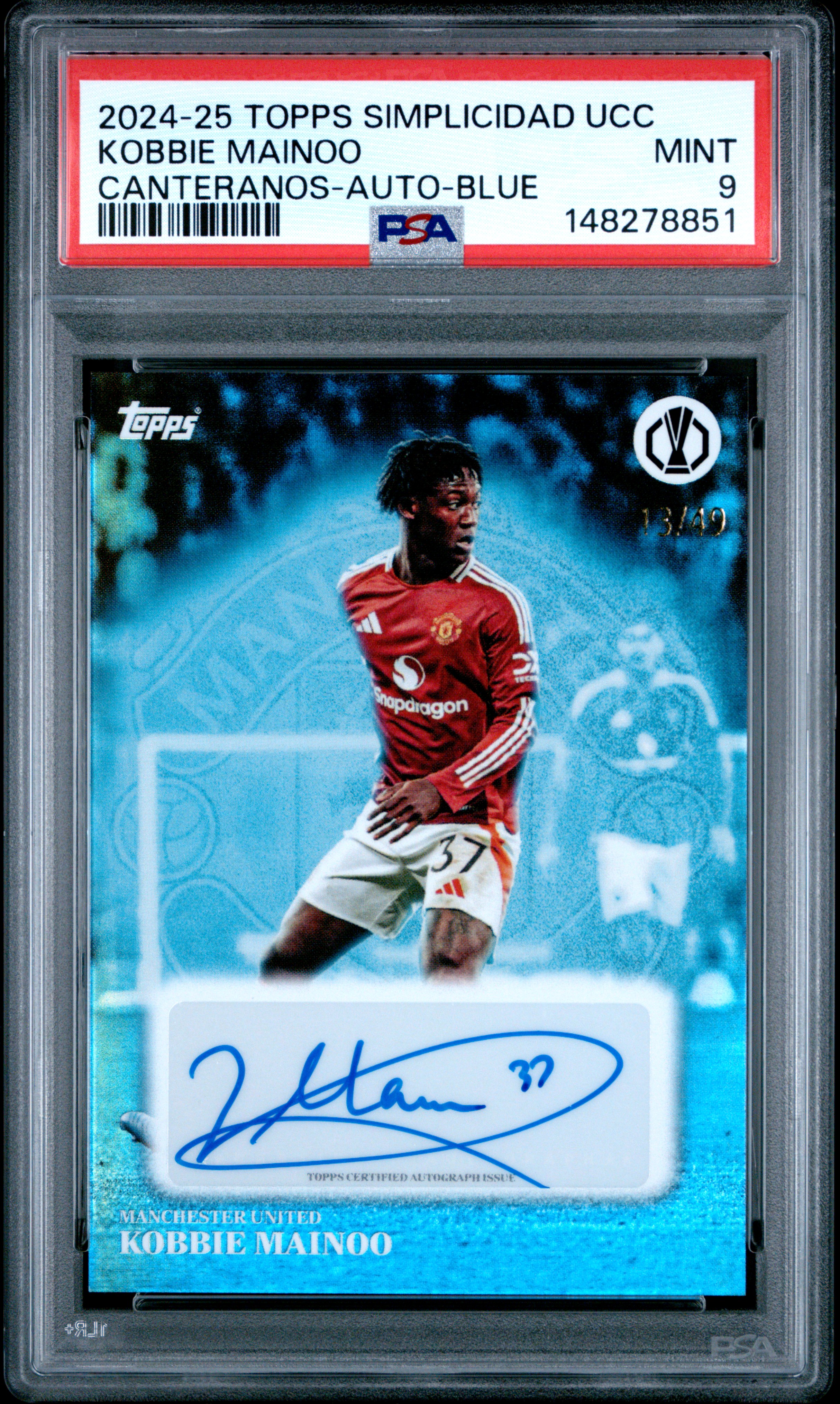 Kobbie Mainoo 2024-25 Topps Simplicidad UEFA Canteranos Autograph Blue /49 – PSA 9 Mint