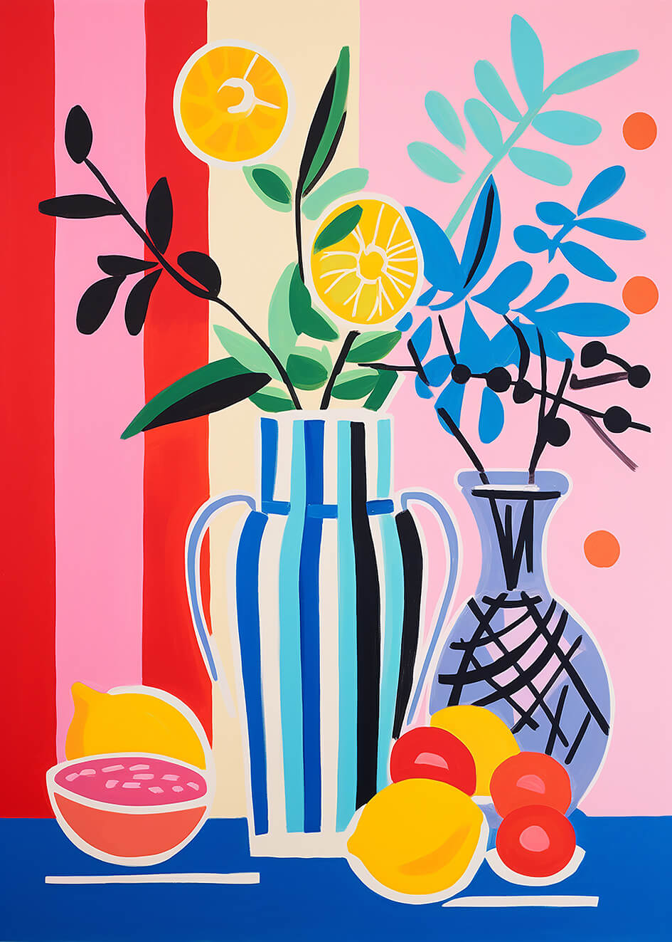 Still life with two vases, 70x50 cm, original acrylic painting on canvas