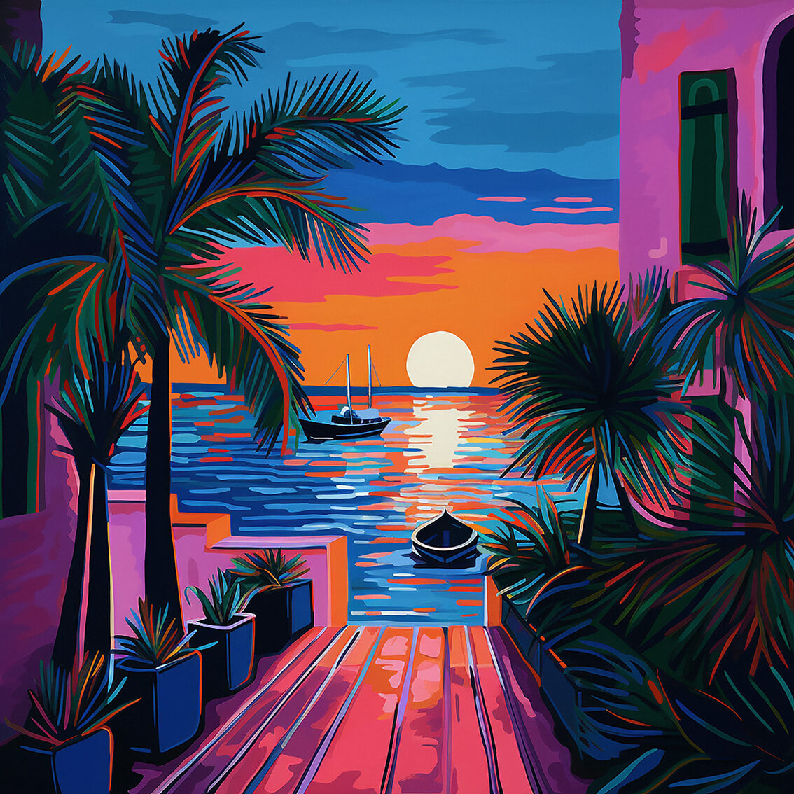 Boats at sunset, 80x80 cm, original acrylic painting on canvas