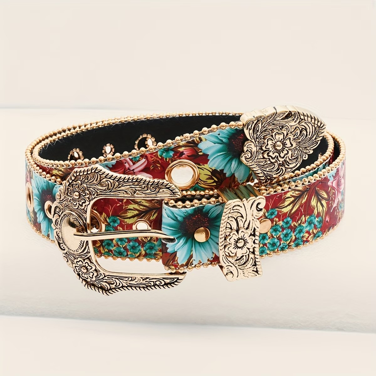Western Style Floral Printed Belt with Vintage Metal Buckle, Retro Boho