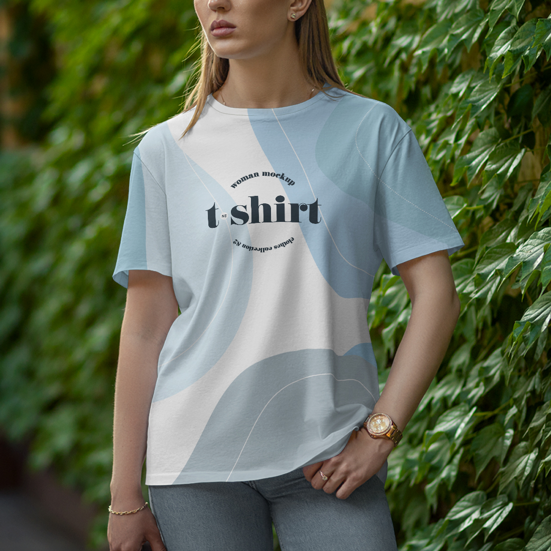 7 Mockups T-Shirt on a Girl Walking in the Green Street