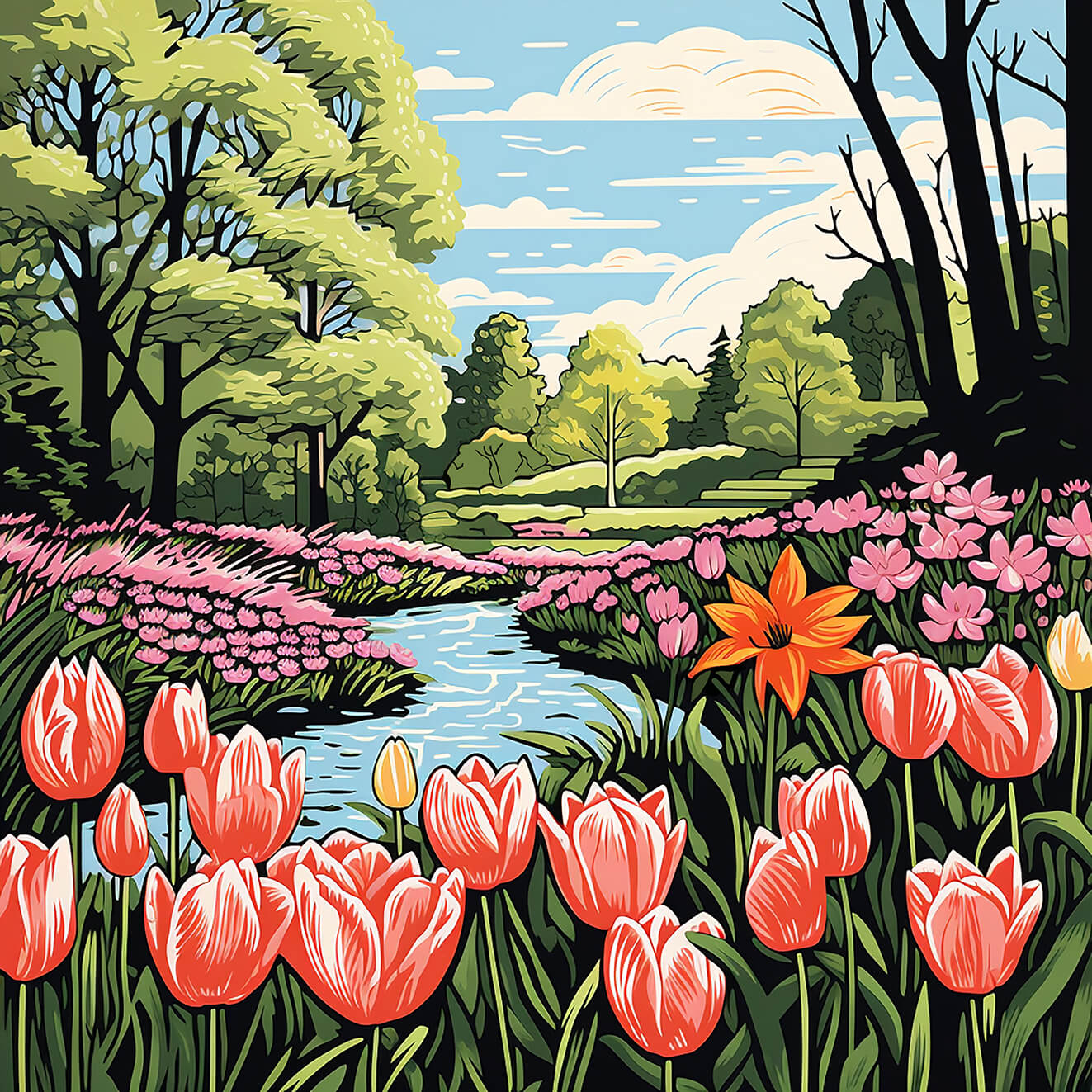 Keukenhof Flower Park III, 80x80 cm, original acrylic painting on canvas