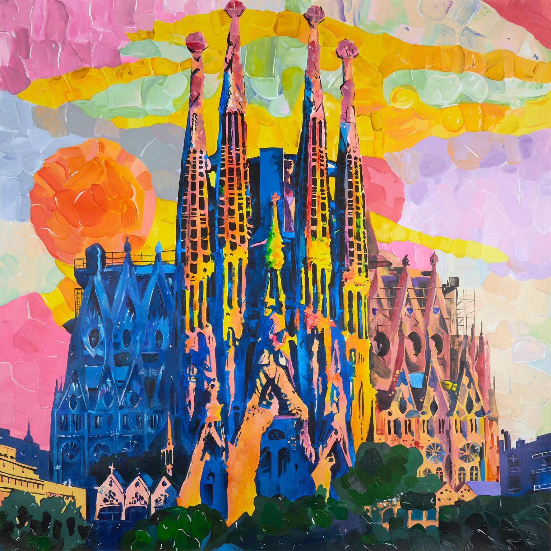 Sagrada Familia II, 50x50 cm original acrylic painting on paper