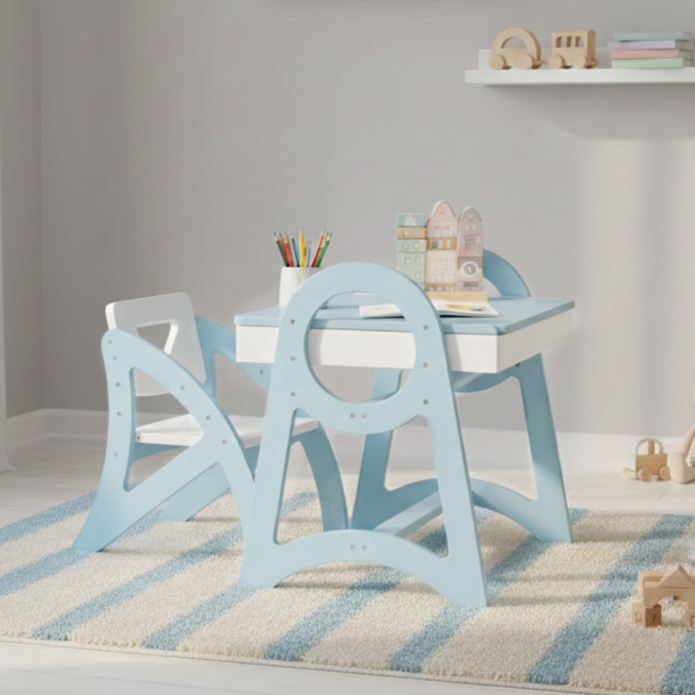 Дитячий столик і стільчик регульований по висоті деревяний дизайнерський з сенсорним коробом та грифельною дошкою Пелікан Блакитно/білий
