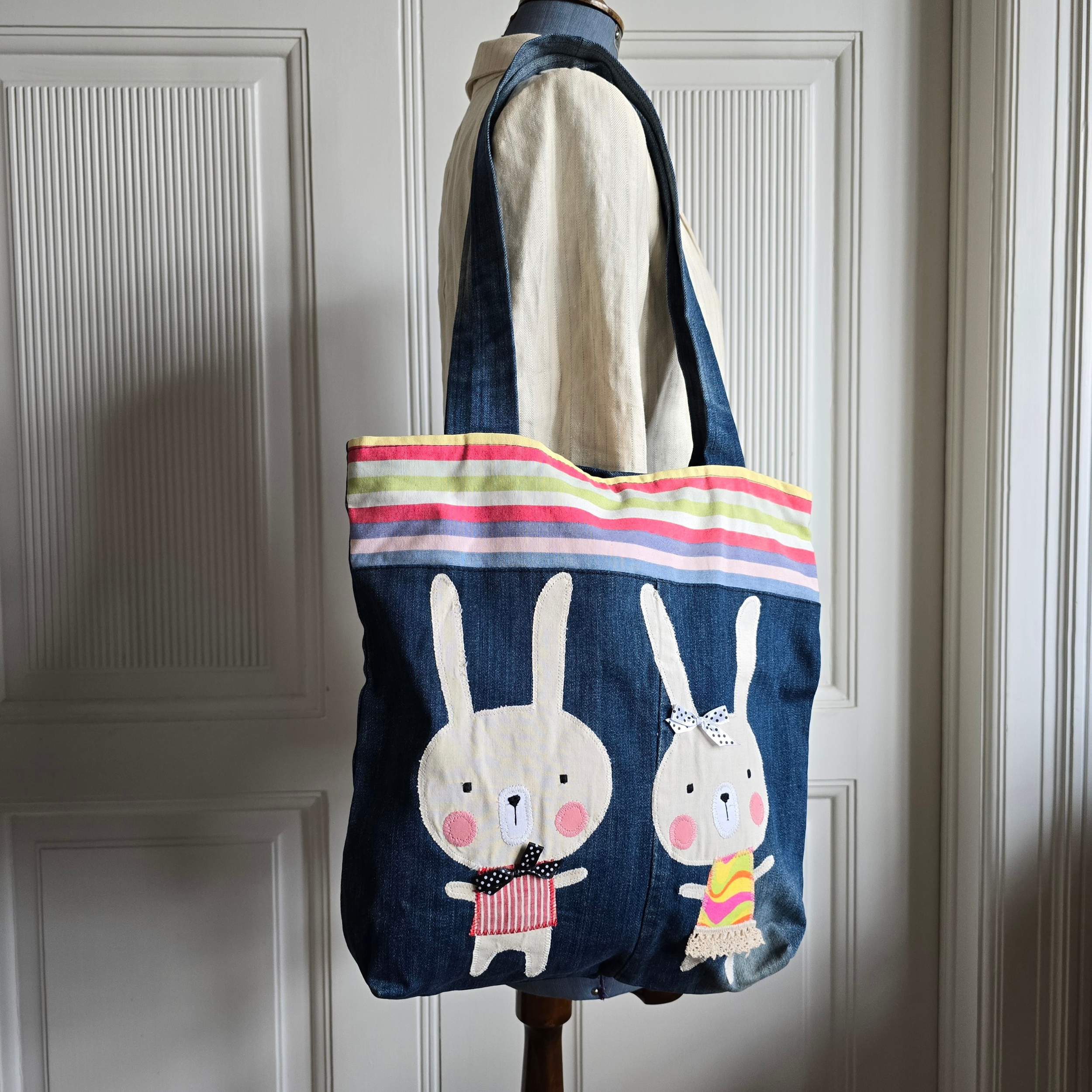 Handmade Tote Bag denim Rabbits