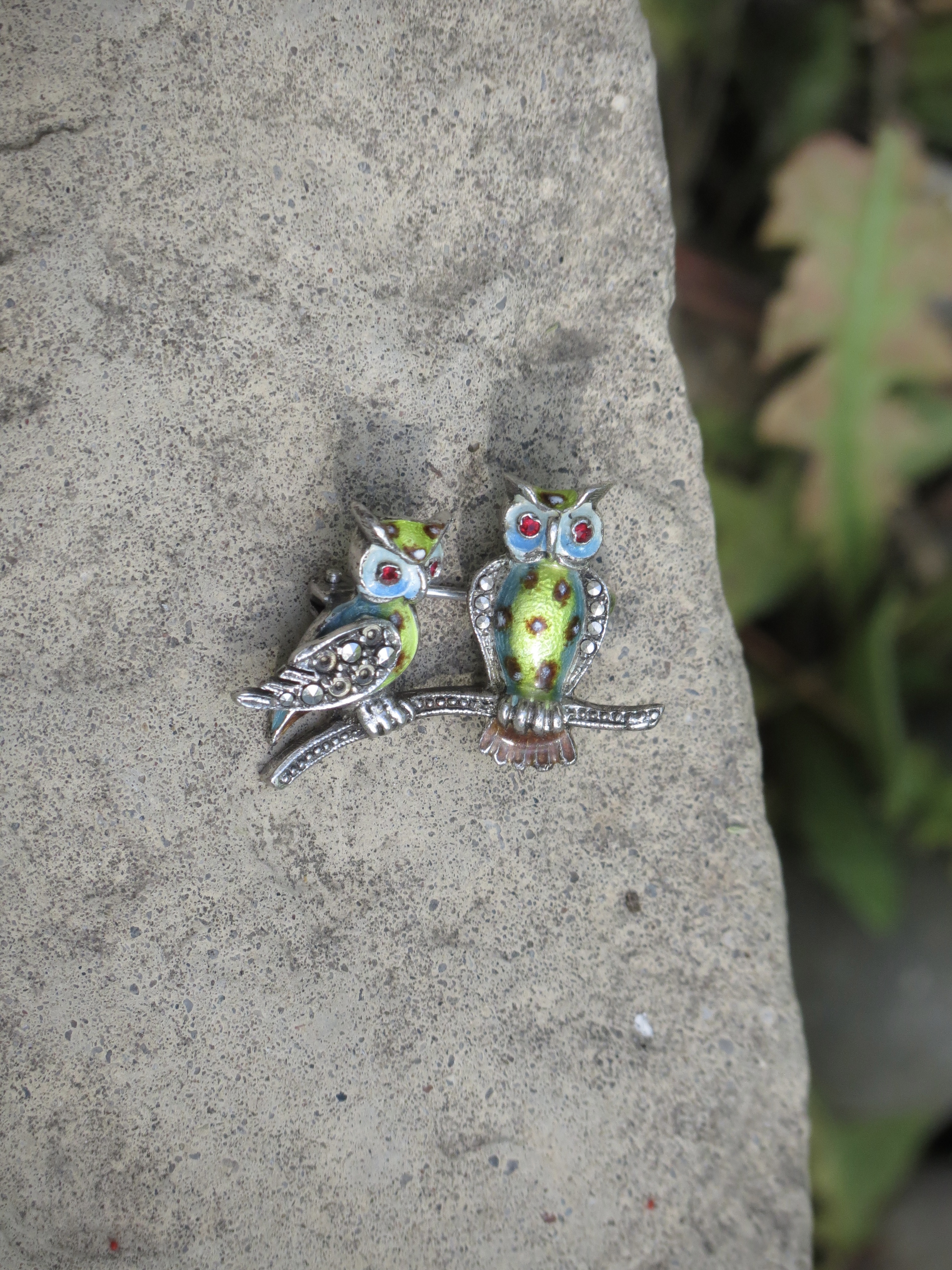 Vintage Unsigned Alice Caviness Sterling Silver Enamel Double Owl Pin Brooch 
