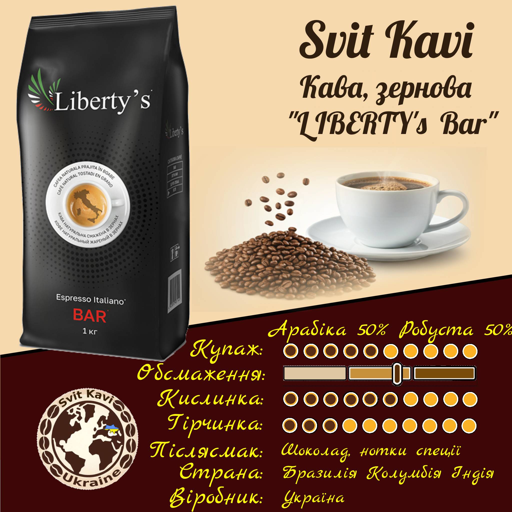 Кава в зернах Liberty’s Bar  1кг, 50/50, Італія