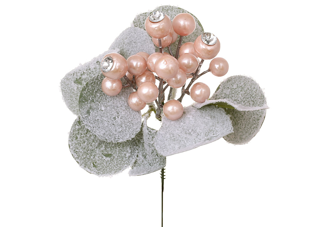 Гілка рожевих перламутрових ягід із засніженим листям, 24см H39-190