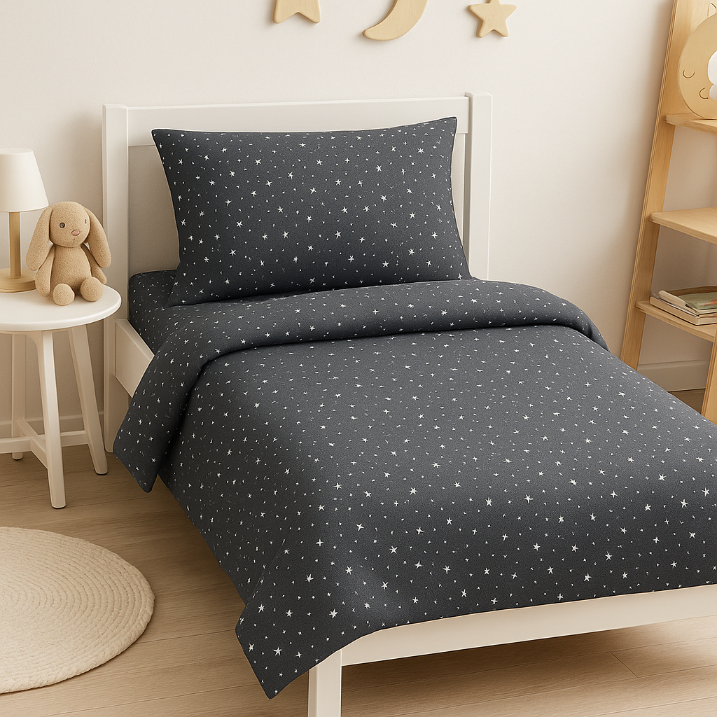 Дитяча постільна білизна ранфорс прінт  "Білі зірки на сірому"