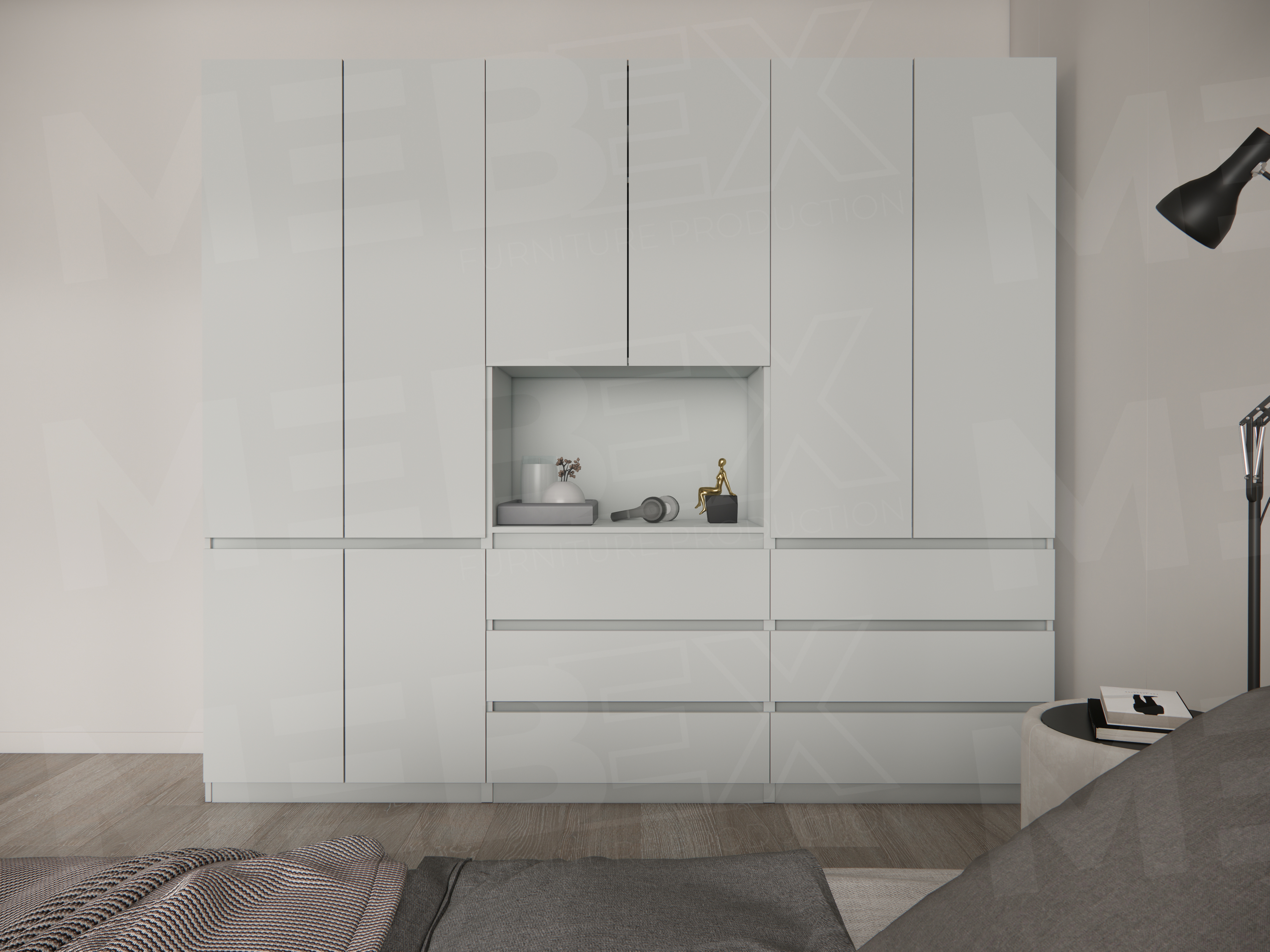 Велика шафа зі штангою для одягу, полицями, нішею та шухлядами