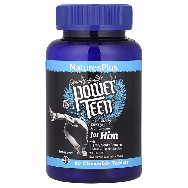 NaturesPlus, Source of Life, Power Teen® for Him, Sugar Free, Wild Berry, 60 Chewable Tablets