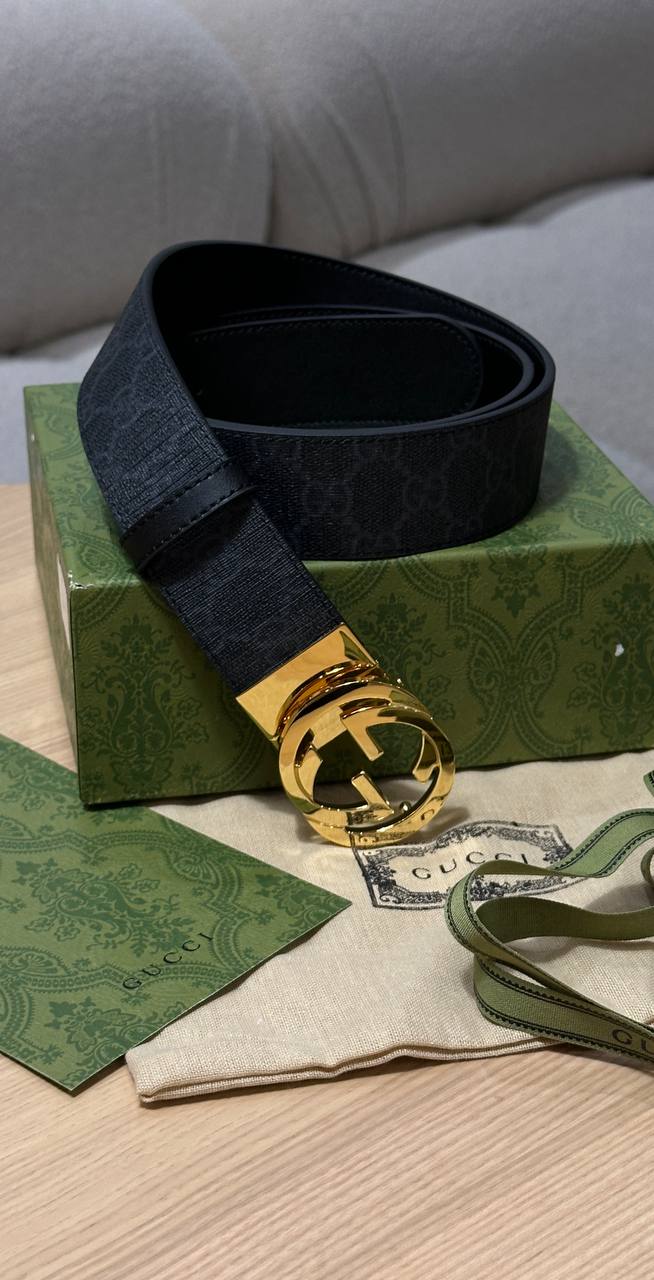 Gucci Belt with Interlocking G Buckle Grey Canvas/Gold