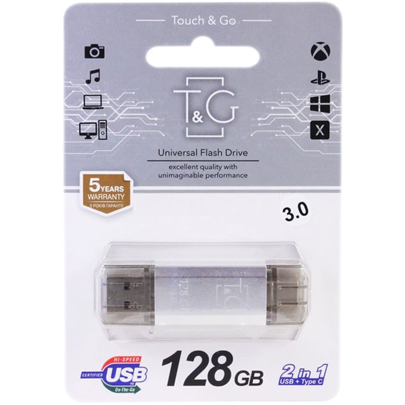 USB 3.0 флеш накопичувач T&G Star 009 128Gb USB-A/Type-C Silver