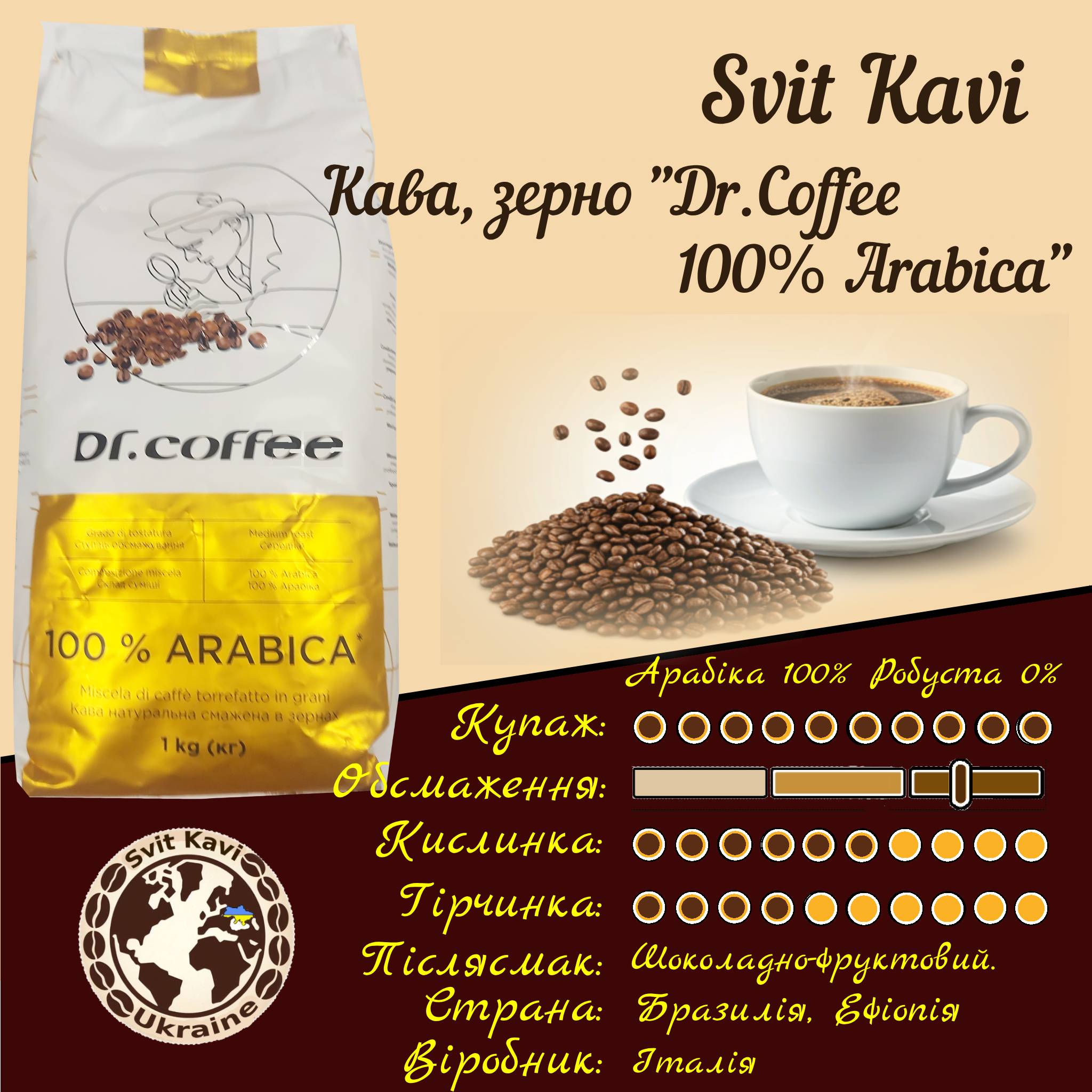 Зернова кава Dr.Coffe 100% Arabica,100/0, Італія, пачка 1кг