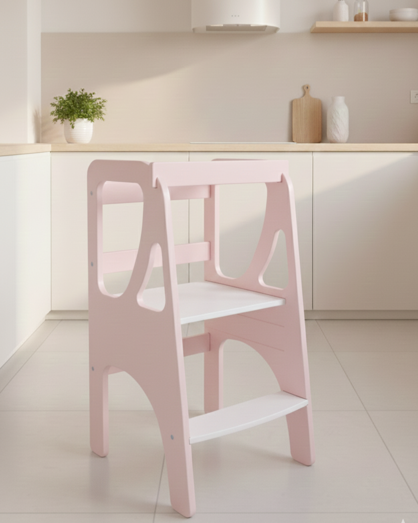 Вежа помічника Монтессорі дизайнерська регульована по висоті дерев'яна FunEra - Рожево/біла