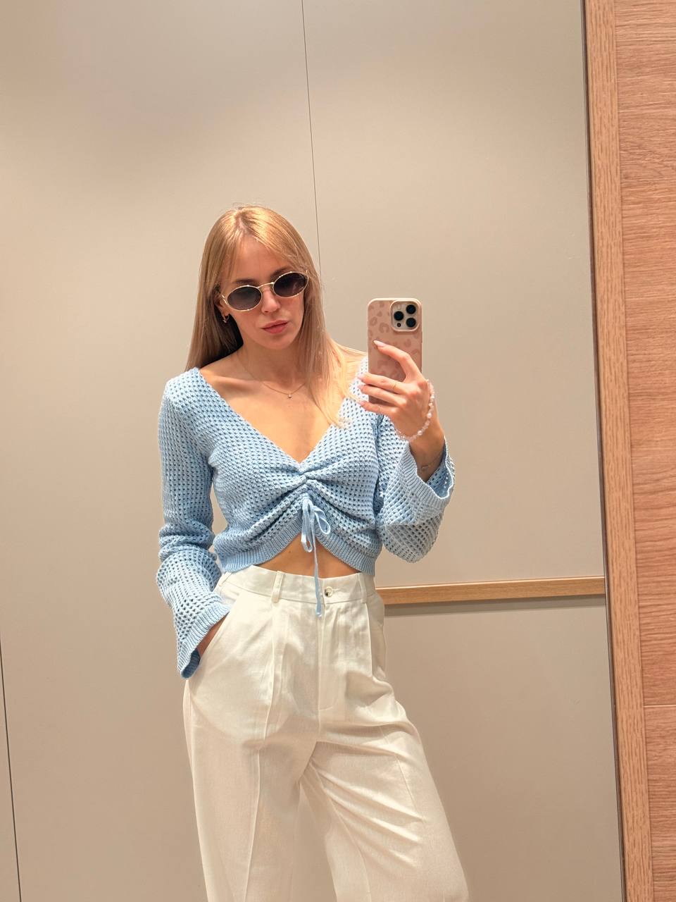 Літній мереживний укорочений топ з довгим рукавом 