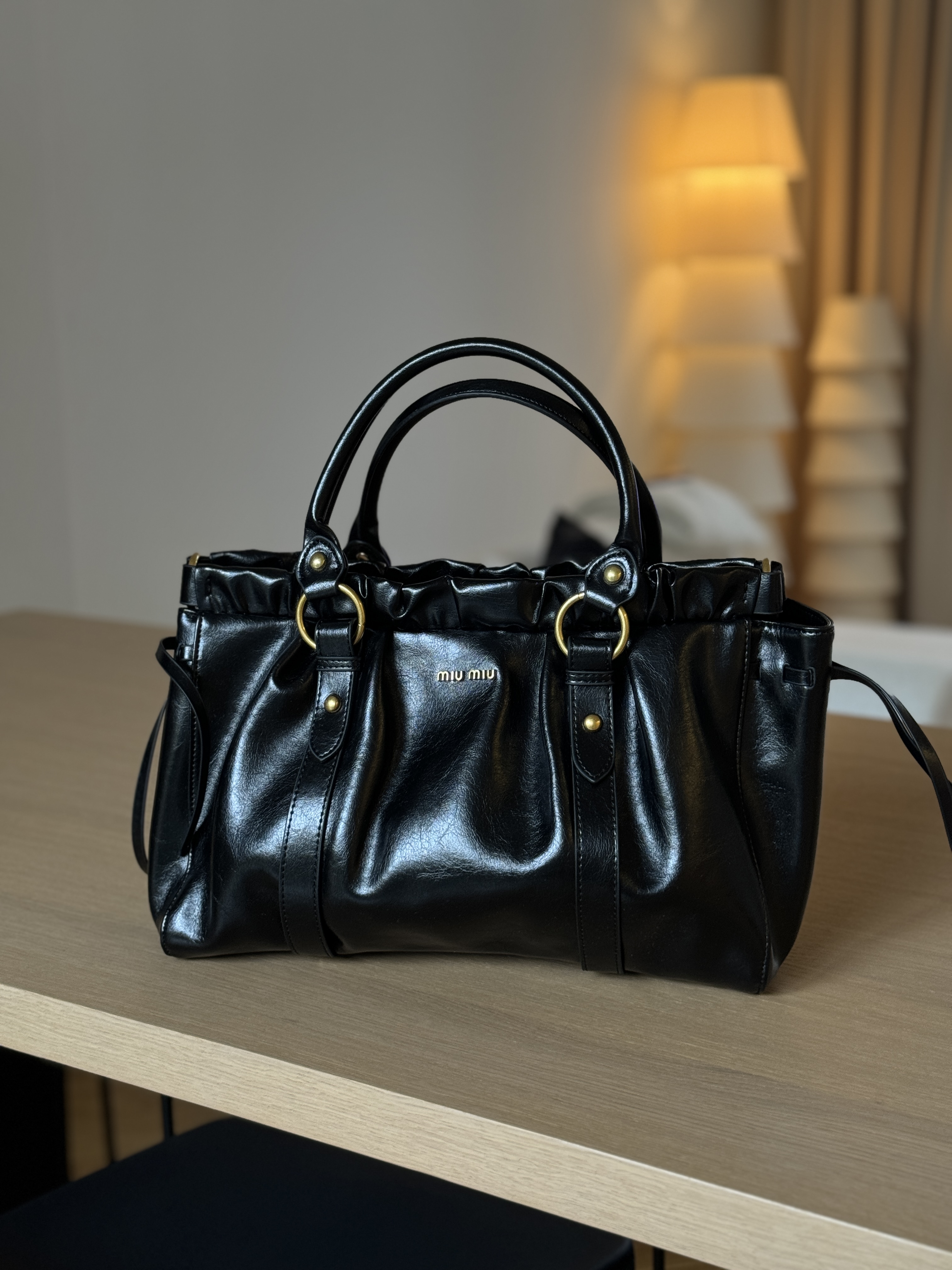 Miu Miu Black Vitello Lux Leather Gathered Tote