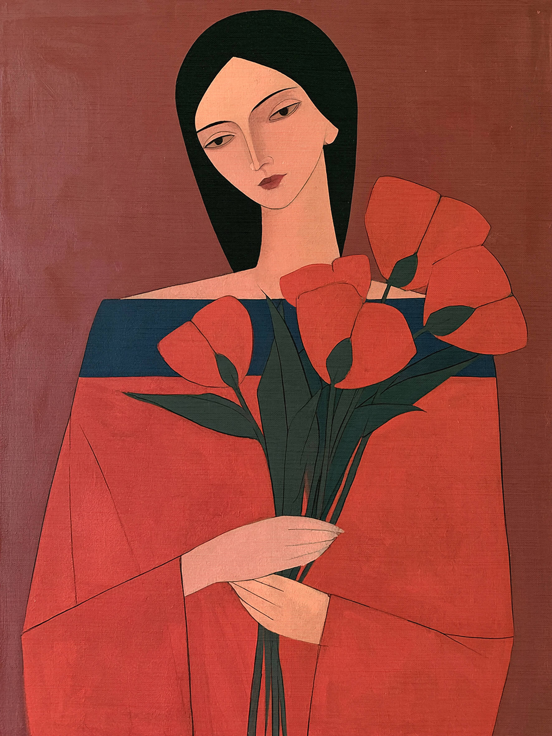 Woman with Red Poppies, 80x60 cm, original acrylic painting on canvas