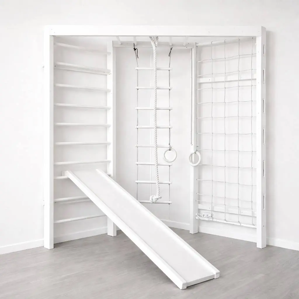 Theo – White Corner XL Kletterwand & 2-seitiges Indoor-Kletterset für Kinder