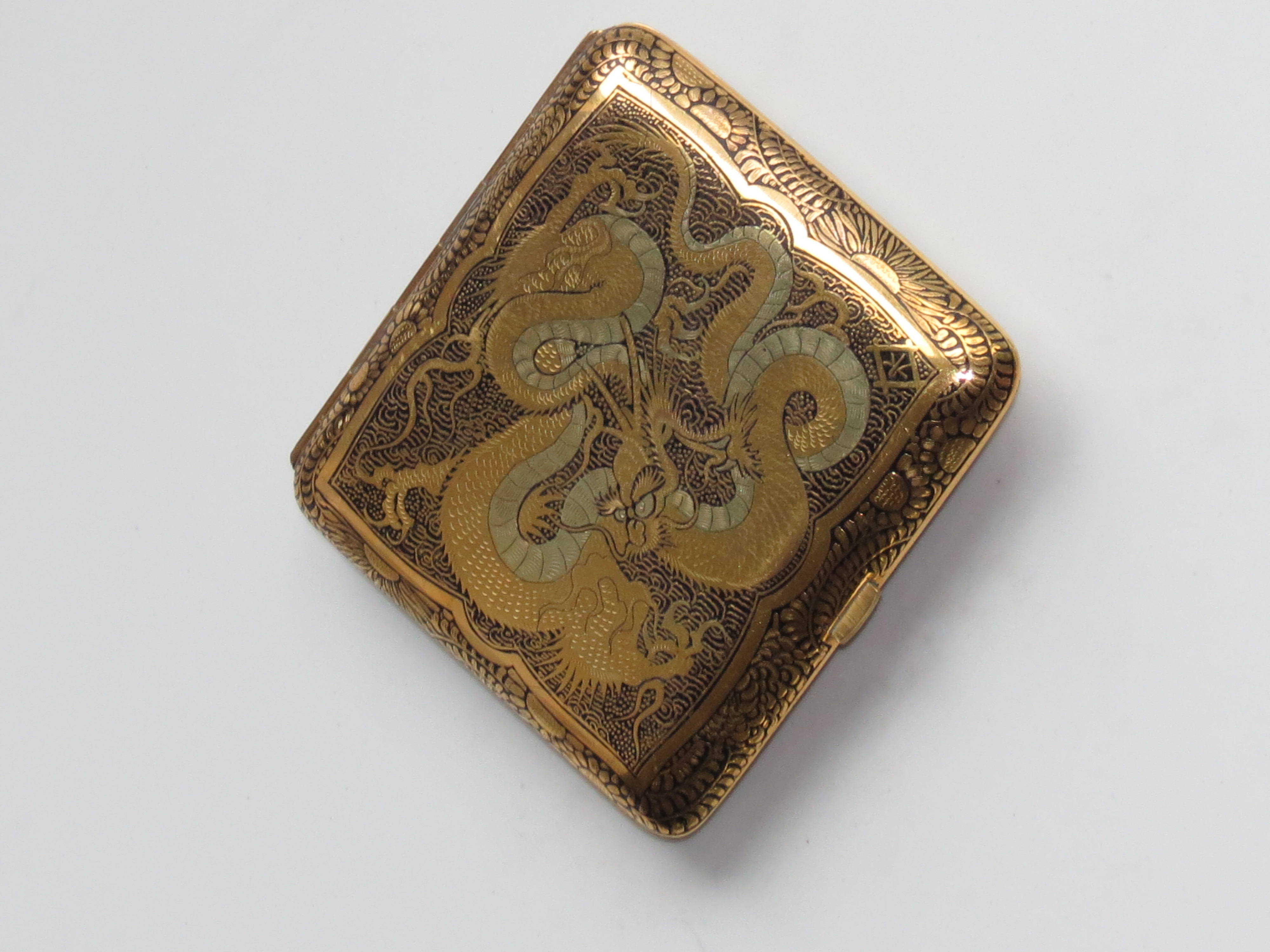 Antique Japanese Damascene Cigarette Case with Ornate Mt. Fuji & Dragon Decor