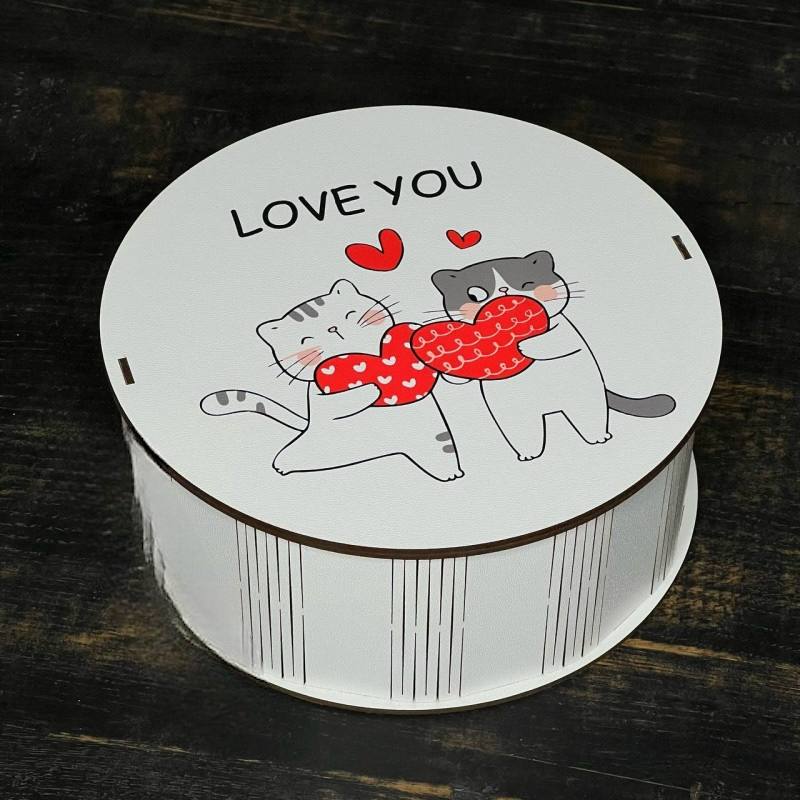Бокс круглий, білий "Закохані котята" 15х15х7 см