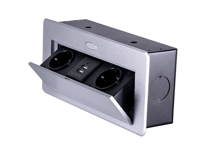 Врізний блок на 2 розетки та 2 USB, блок врізний на 2 розетки та 2 USB з підйомною кришкою сірий