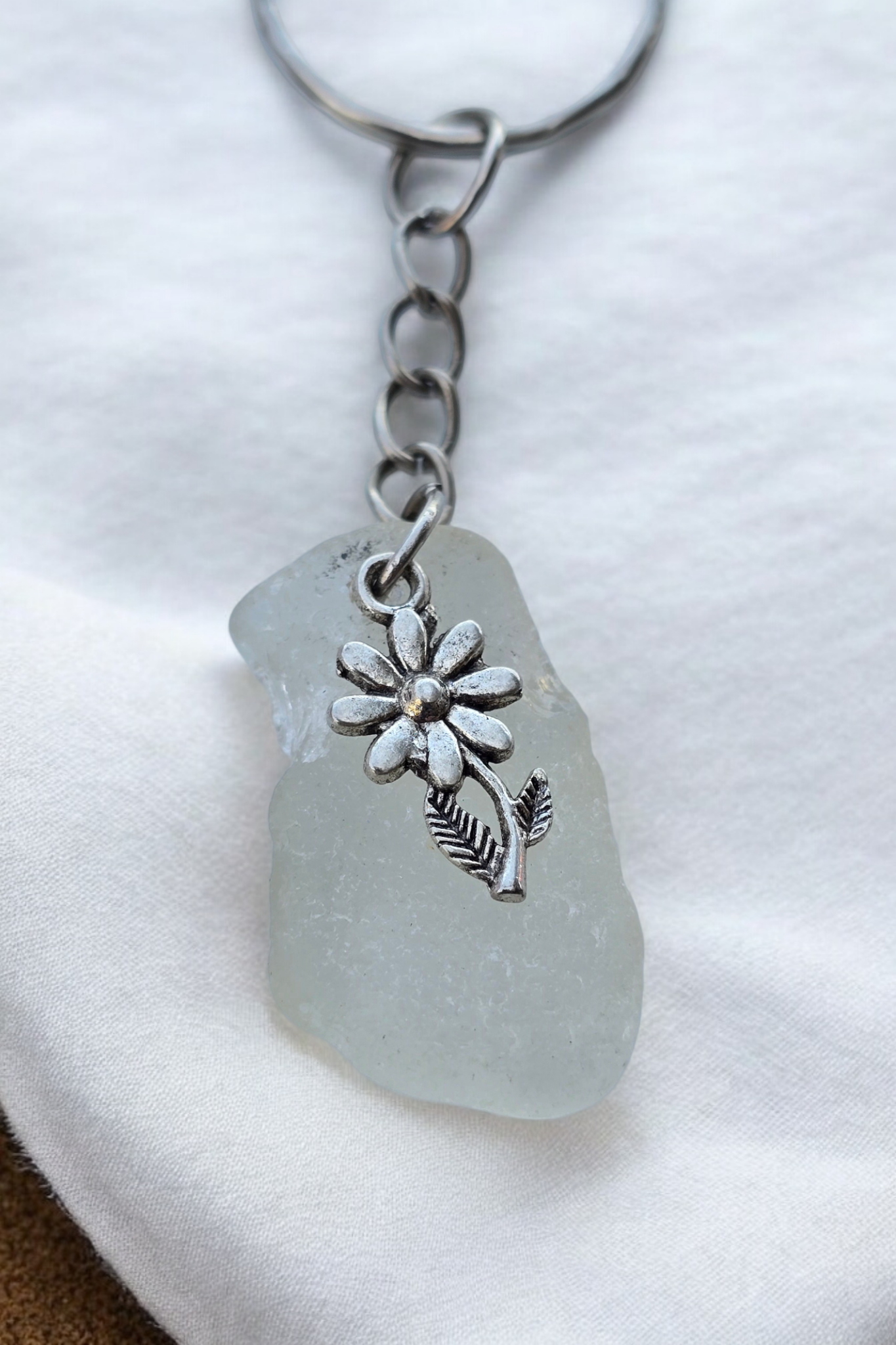 White Sea Glass with Flower Keychain