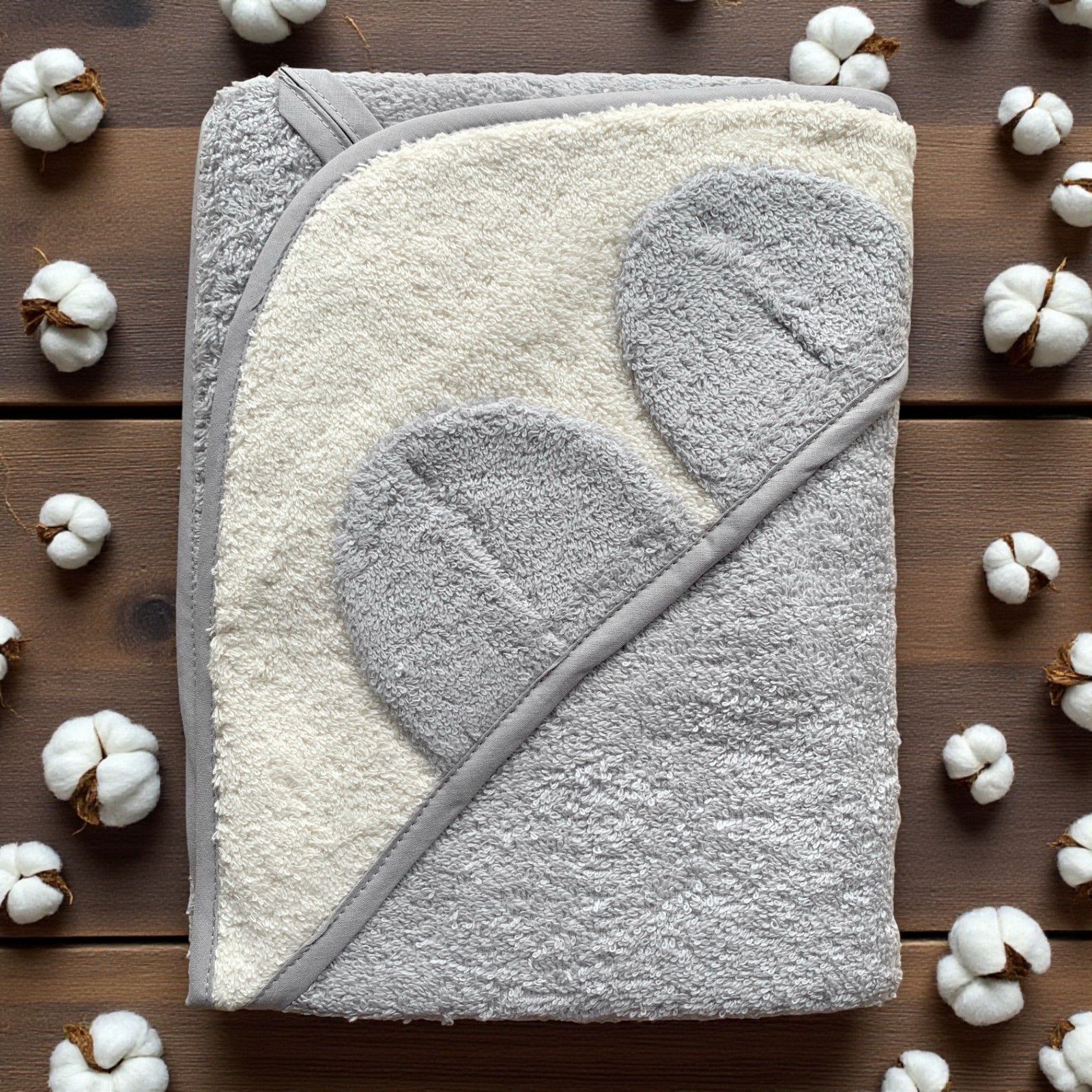 Рушник кутик з вушками махровий 80 х 75 см сірий з молочним