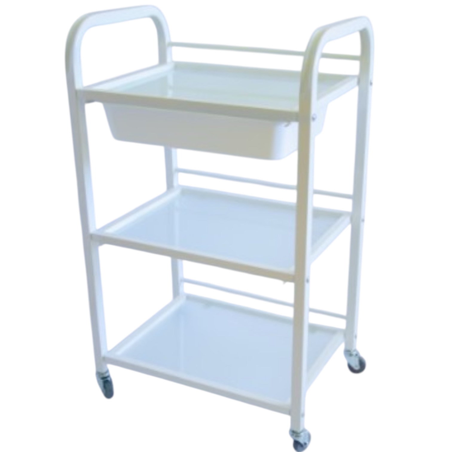 Візок косметологічний маніпуляційний з трьома полицями та ящиком,білий