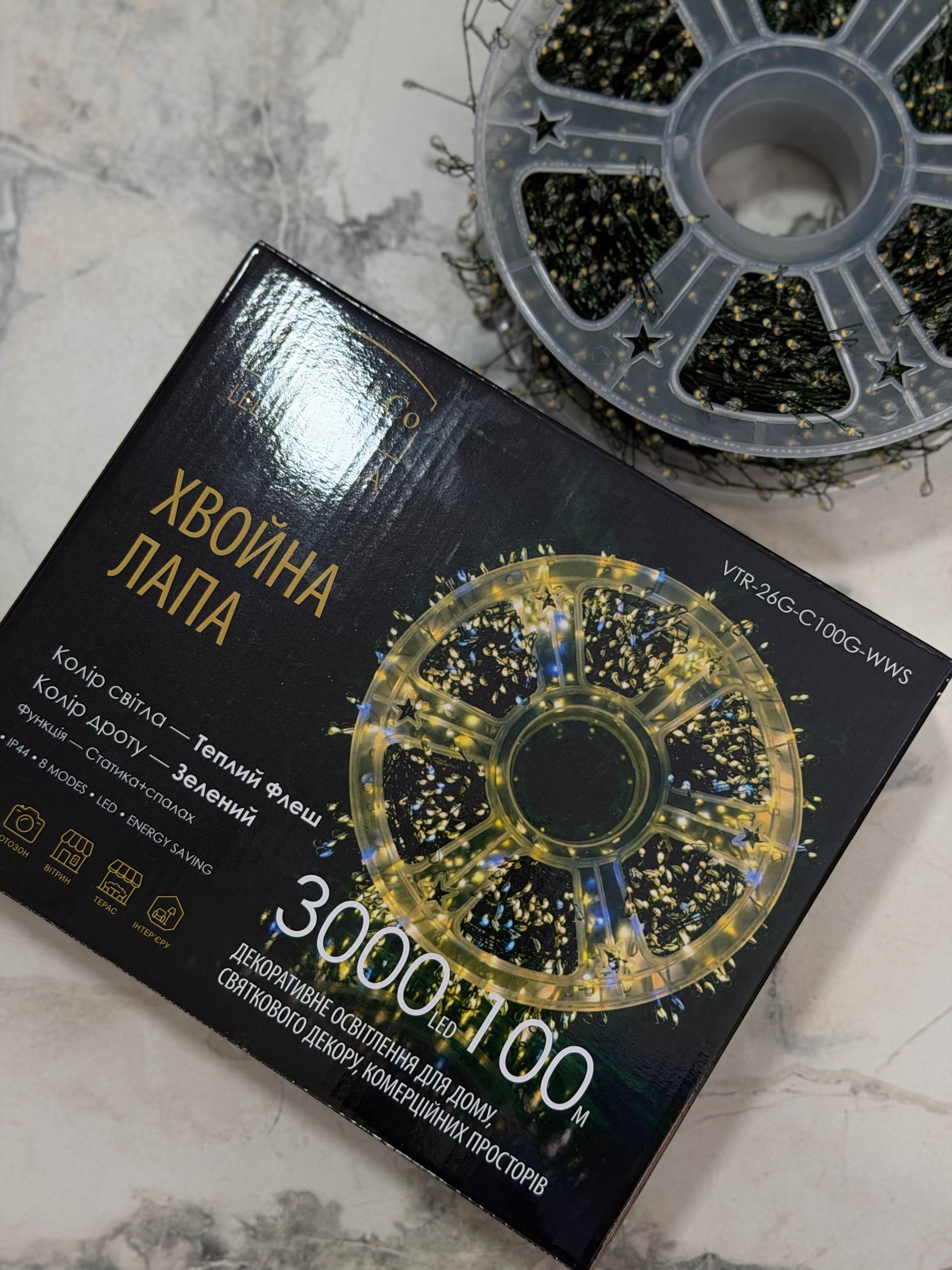 Гірлянда Хвойна Лапа Флеш 100 метрів 3000 LED лампочок, теплий білий на зеленому дроті
