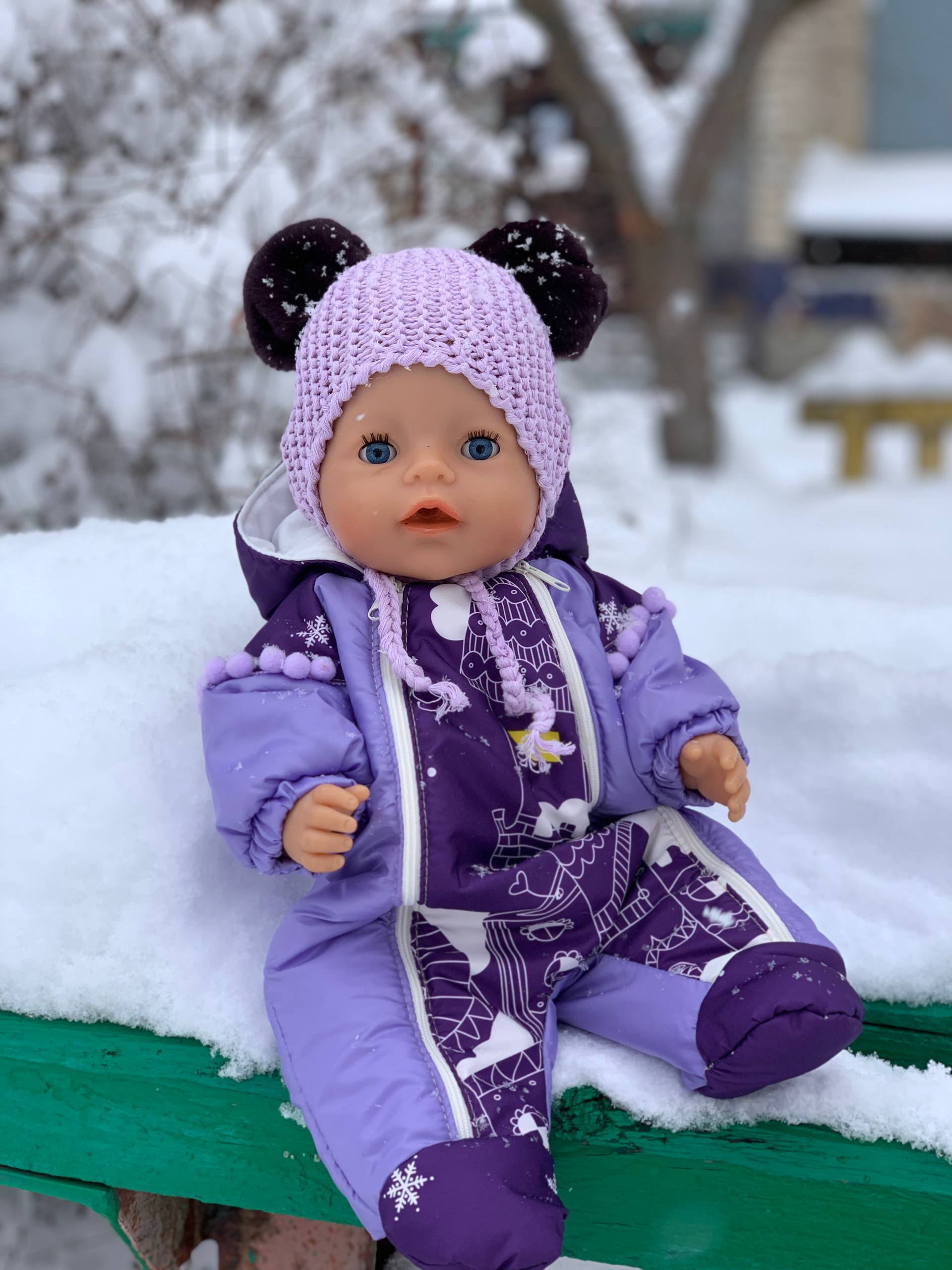Зимовий ❆ комбінезон для ляльки Baby Born 43см. Бузковий комбінезон з закритими ніжками.
