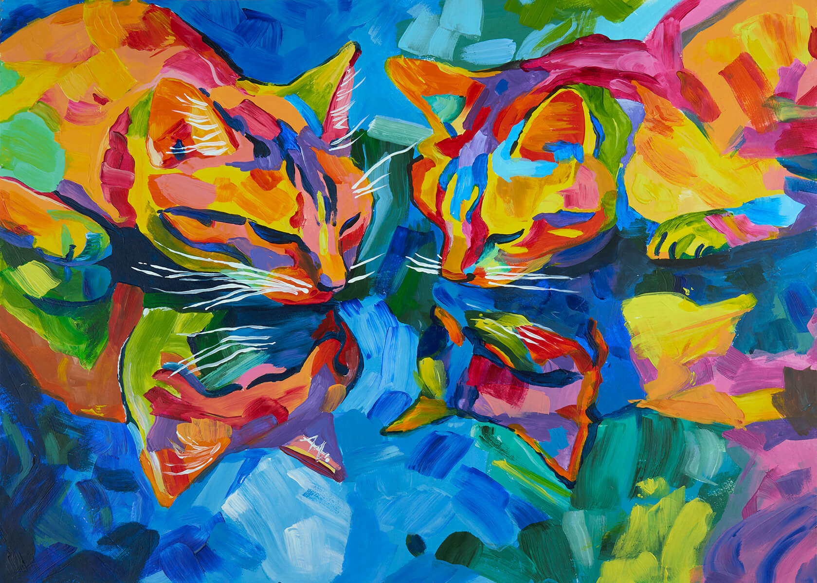 Thirsty cats, 30x42 cm original acrylic painting on paper