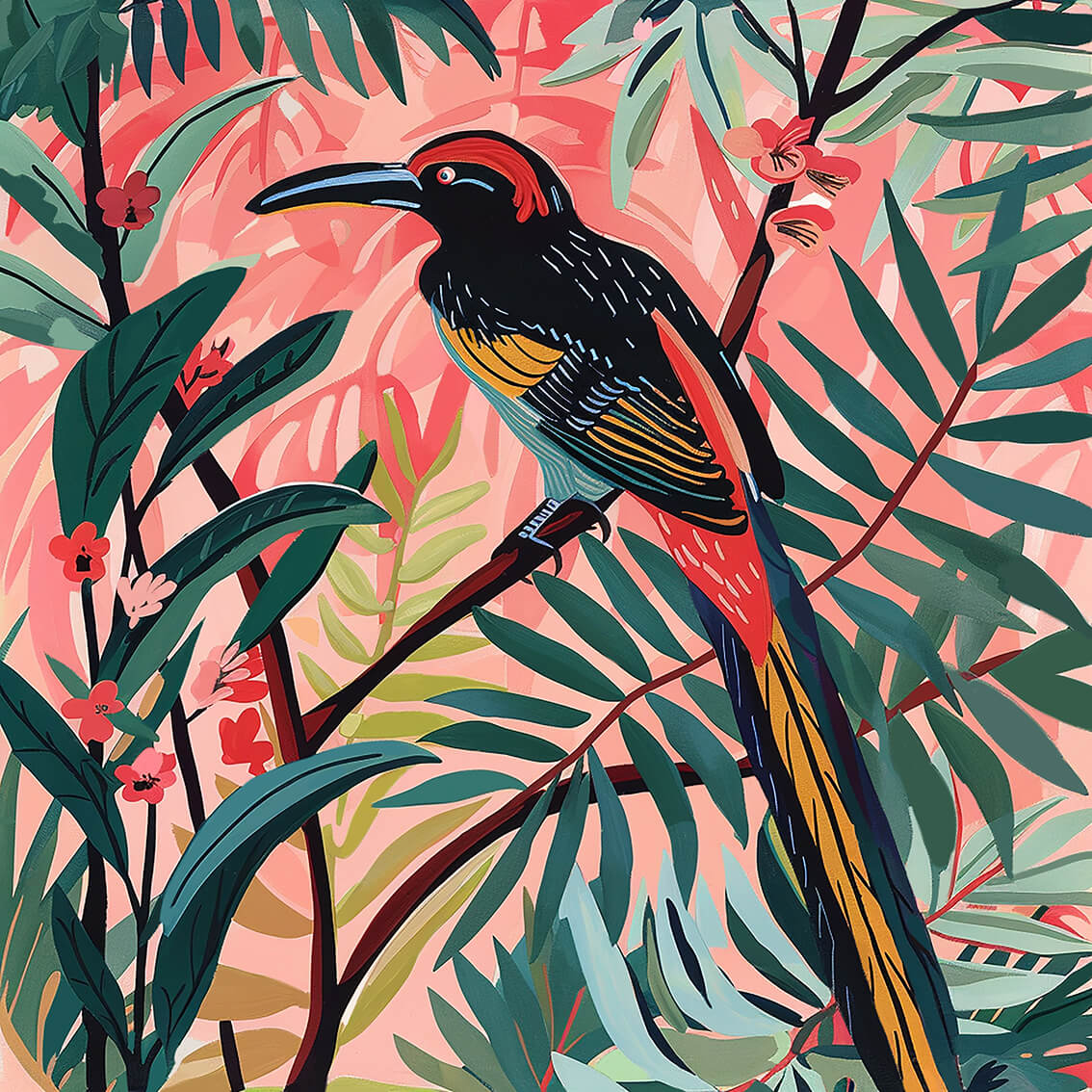 Tropical bird III, 60x60 cm, original acrylic painting on canvas