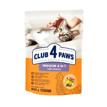 Сухий корм для котів без доступу на вулицю Клуб 4 Лапи (Club 4 Paws) Adult Cats Indoor 4 в 1, 900 г