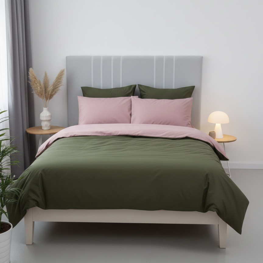 Постільна білизна з ранфорсу, колір Хакі&Пудра