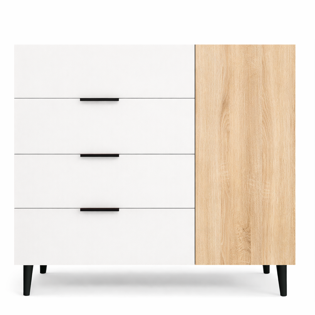 Комод з чотирма шухлядами та одними дверцятами з внутрішніми полицями на ніжках