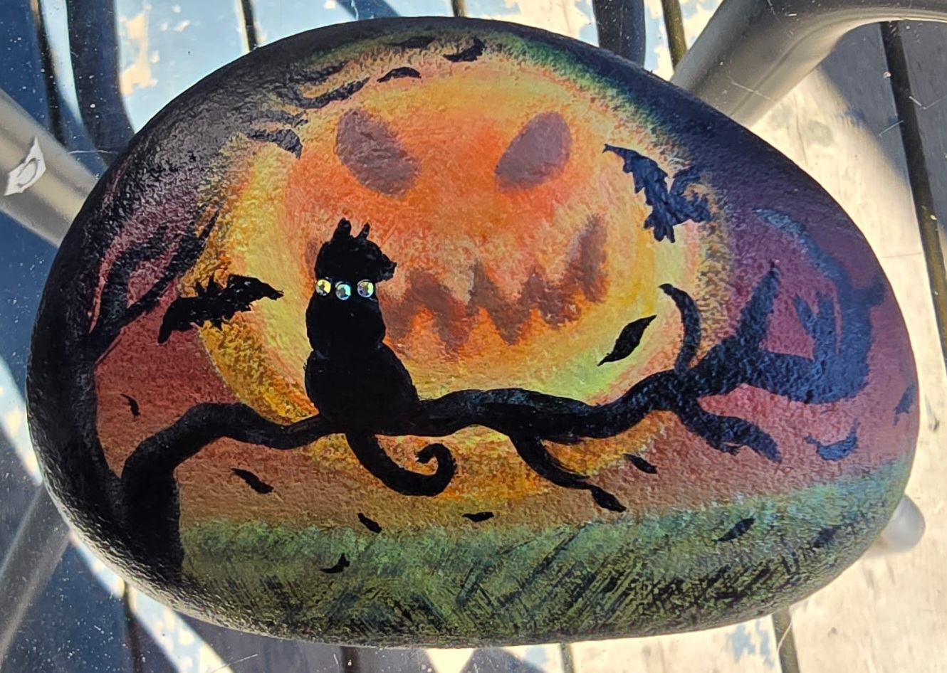 Halloween Moon Cat Painted Rock