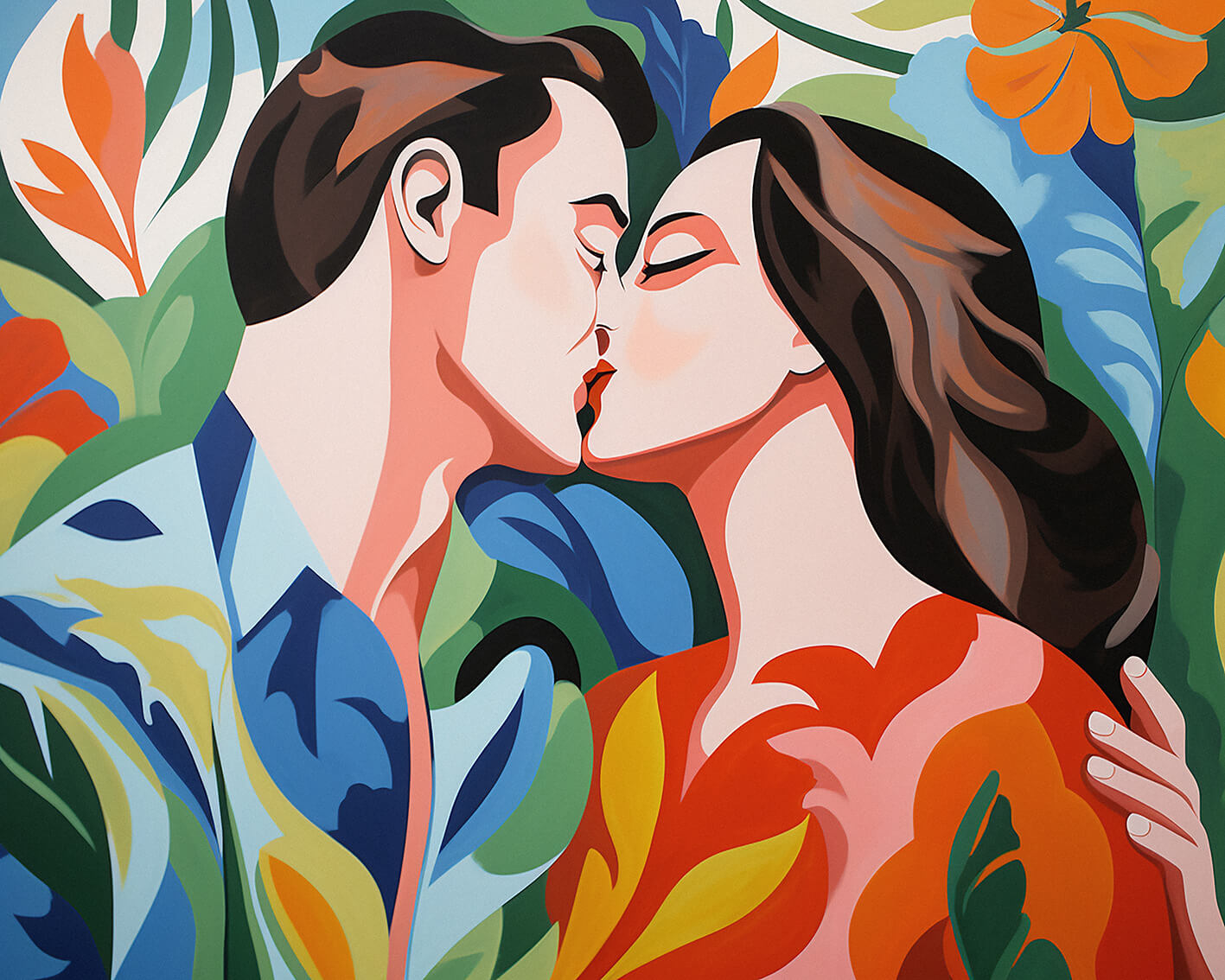 Kiss in flowers, 60x80 cm, original acrylic painting on canvas