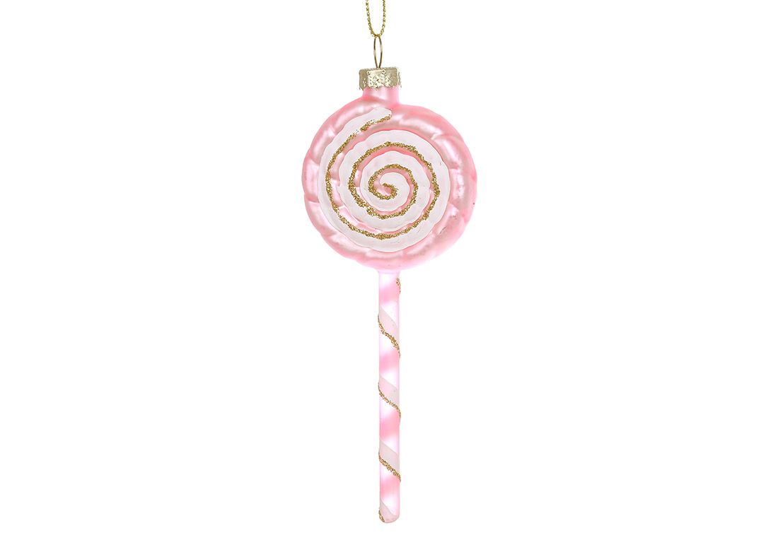 Ялинкова скляна прикраса 5.2*13.9 см Льодяник, колір - рожевий з білим 115-227