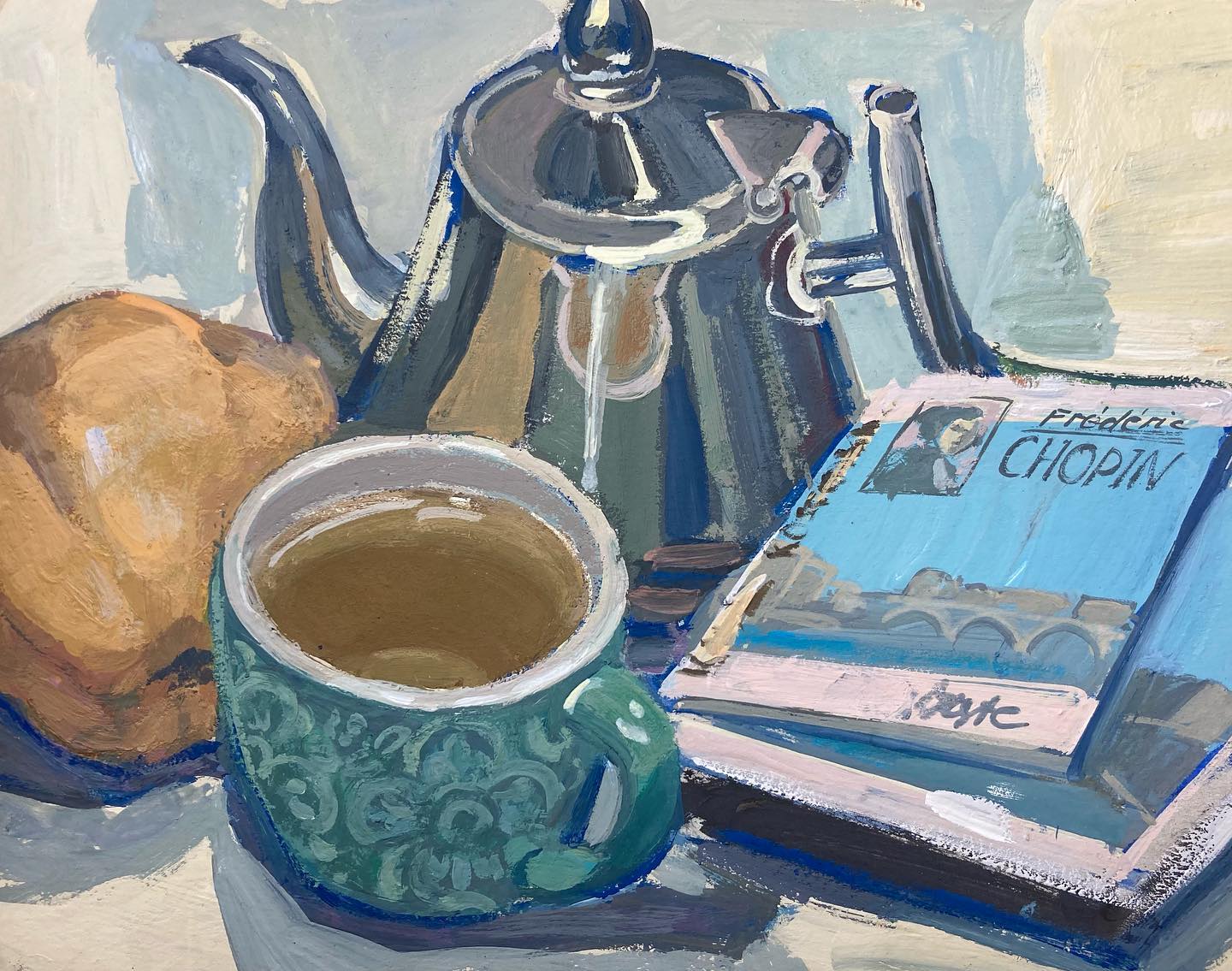 Tea with Chopin, 2023, 15х20, gouache, paperboard