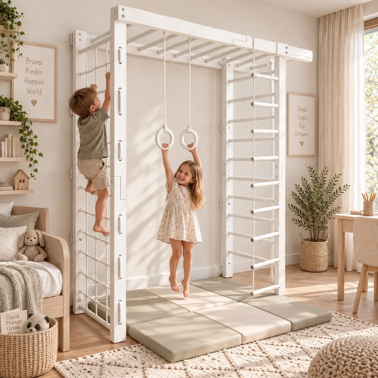 Mila Spielwand für Kinder Weiß – Indoor Kletterstation mit Turnringen, Leiter & Netz
