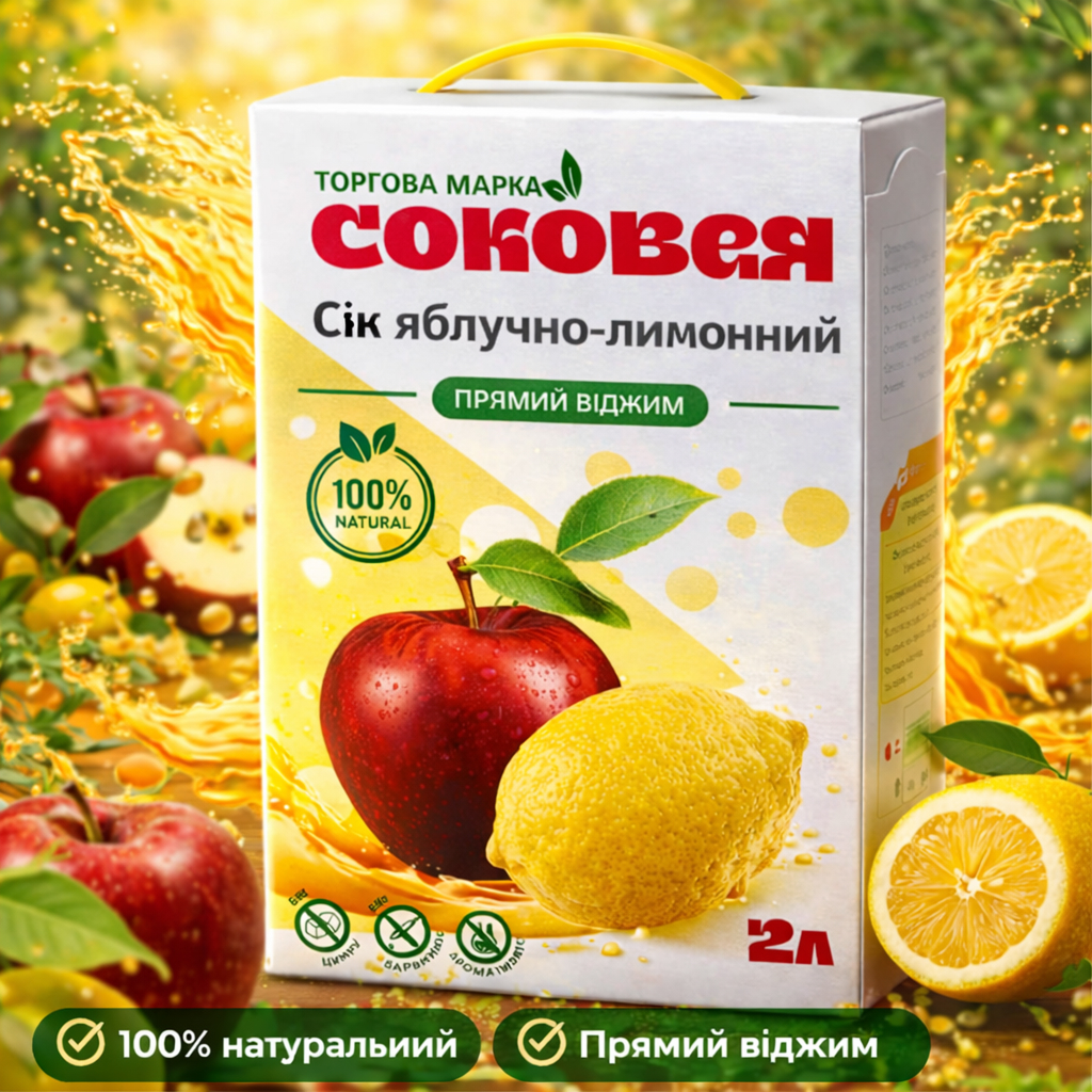 Сік яблучно-лимонний неосвітлений пастеризований 2 л