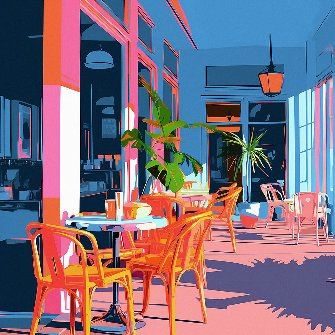 Neon cafe, 60x60 cm, original acrylic painting on canvas