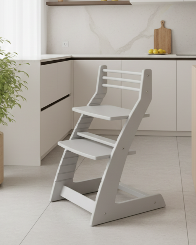 Зростаючий регульований деревяний дизайнерський дитячий стілець FunEra - Світло-сірий