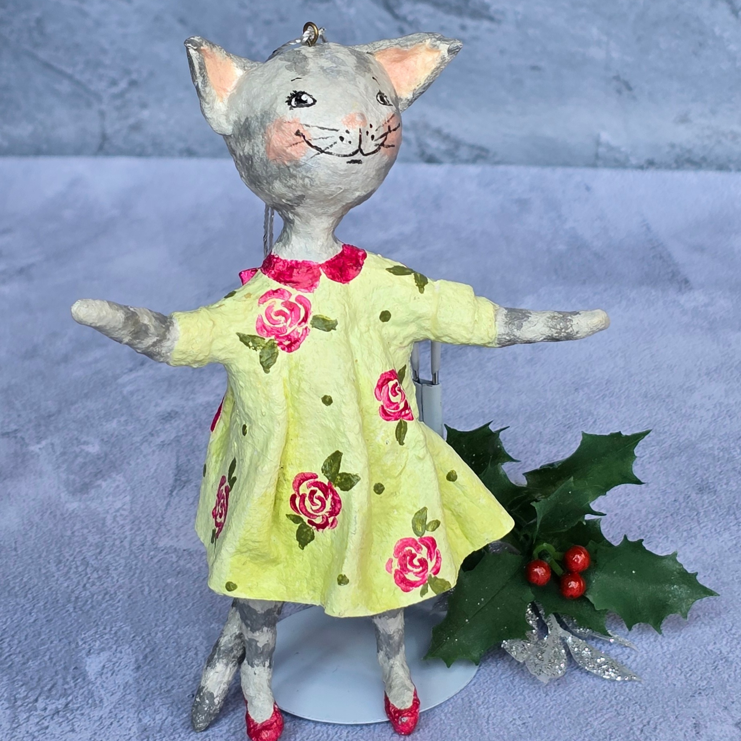 Cotton Spun Ornament Cat in Green Dress