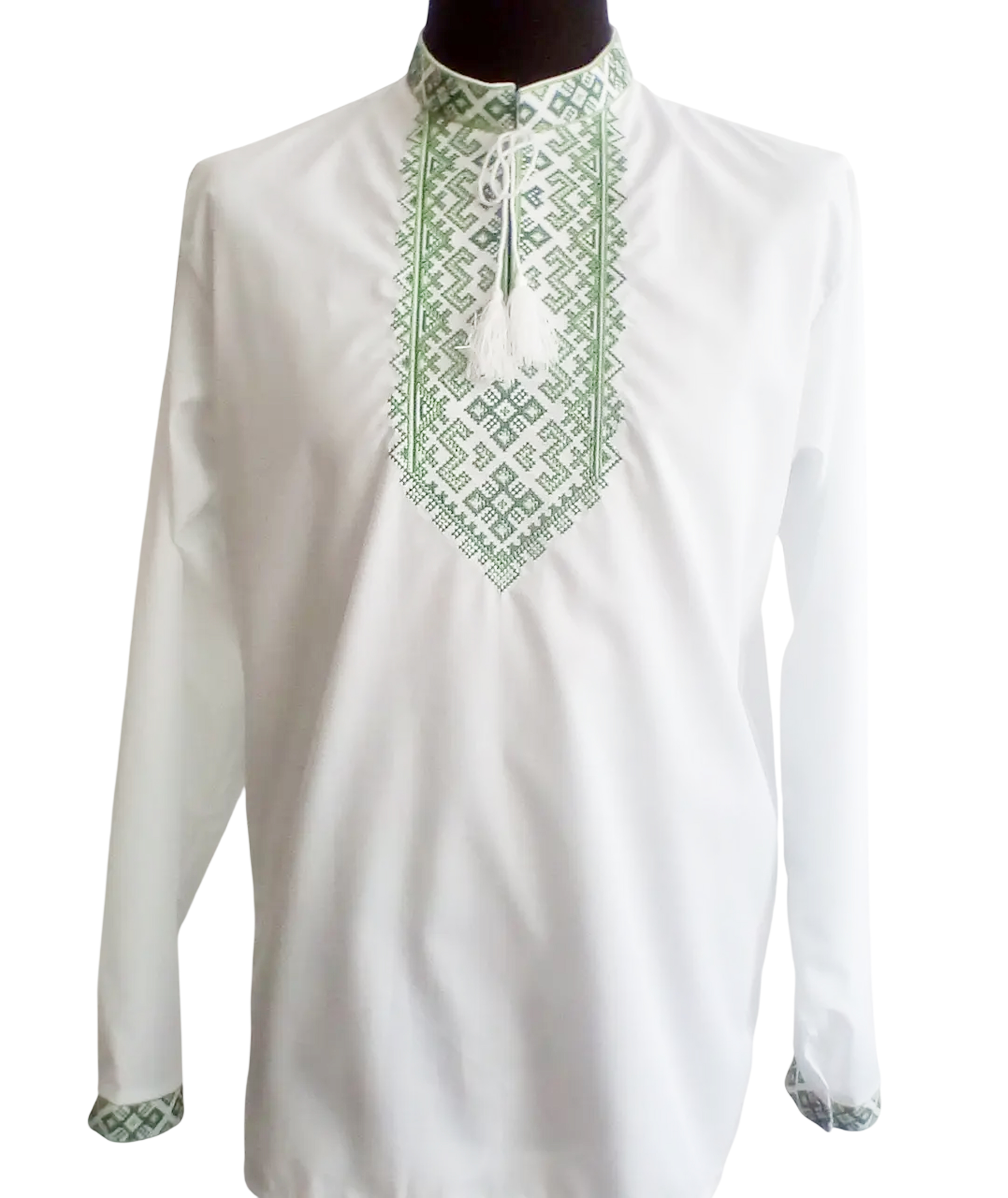 Вишита чоловіча сорочка білий льон зелена вишивка