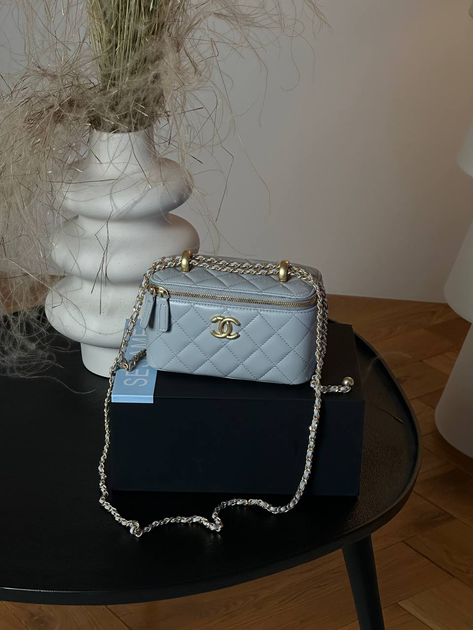 Chanel Classic Grey Lambskin Pearl Crush Vanity Bag Gold