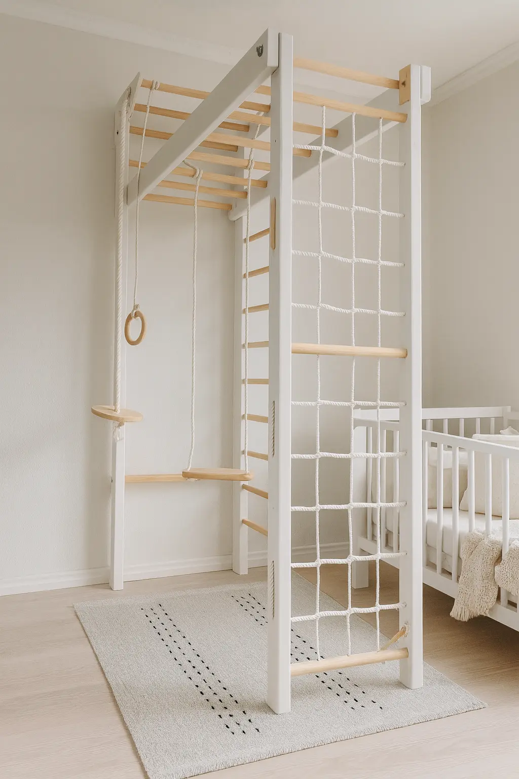 Max PRO – Natur-Weiß Kletterwand-System für Kinder mit Ringen & Seilleiter